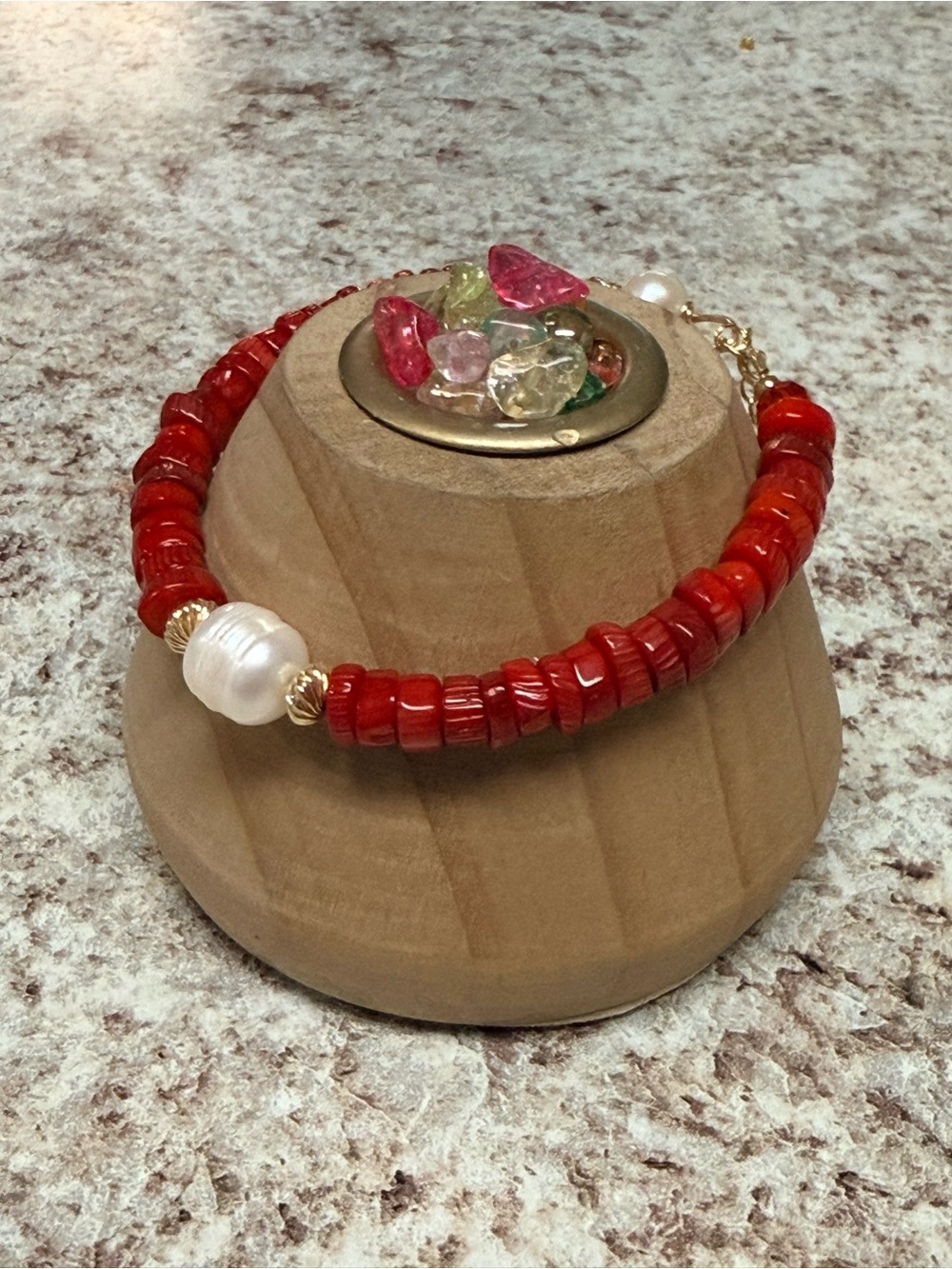 Gold-Filled Red Coral Freshwater Pearl Bracelet with Gold Accents